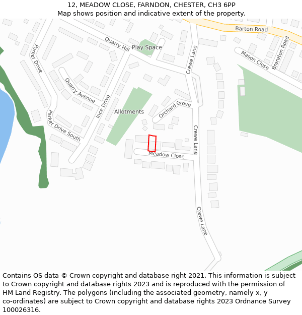 12, MEADOW CLOSE, FARNDON, CHESTER, CH3 6PP: Location map and indicative extent of plot