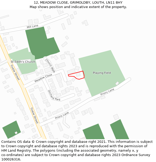 12, MEADOW CLOSE, GRIMOLDBY, LOUTH, LN11 8HY: Location map and indicative extent of plot