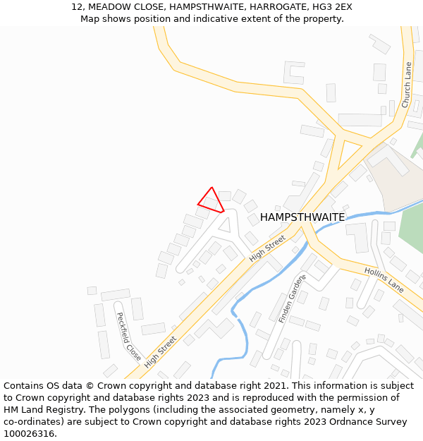 12, MEADOW CLOSE, HAMPSTHWAITE, HARROGATE, HG3 2EX: Location map and indicative extent of plot