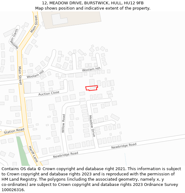 12, MEADOW DRIVE, BURSTWICK, HULL, HU12 9FB: Location map and indicative extent of plot