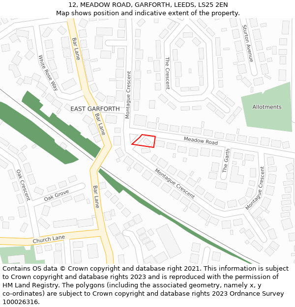 12, MEADOW ROAD, GARFORTH, LEEDS, LS25 2EN: Location map and indicative extent of plot