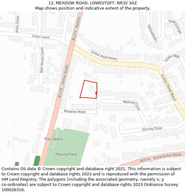 12, MEADOW ROAD, LOWESTOFT, NR32 3AZ: Location map and indicative extent of plot
