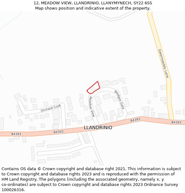 12, MEADOW VIEW, LLANDRINIO, LLANYMYNECH, SY22 6SS: Location map and indicative extent of plot