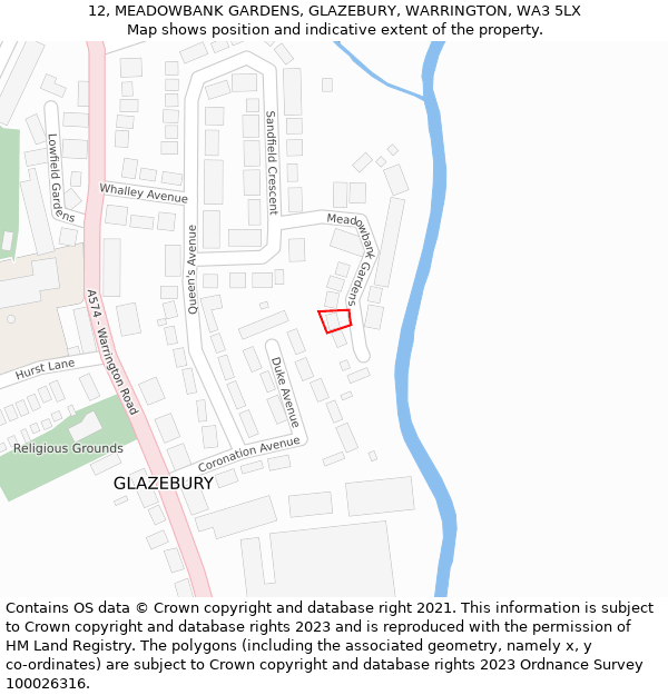 12, MEADOWBANK GARDENS, GLAZEBURY, WARRINGTON, WA3 5LX: Location map and indicative extent of plot