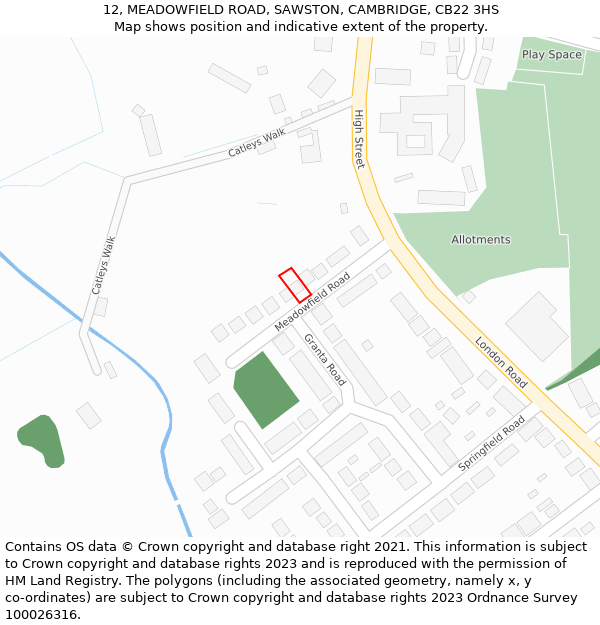 12, MEADOWFIELD ROAD, SAWSTON, CAMBRIDGE, CB22 3HS: Location map and indicative extent of plot