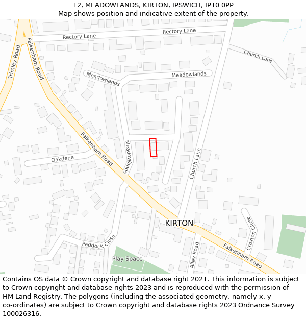 12, MEADOWLANDS, KIRTON, IPSWICH, IP10 0PP: Location map and indicative extent of plot