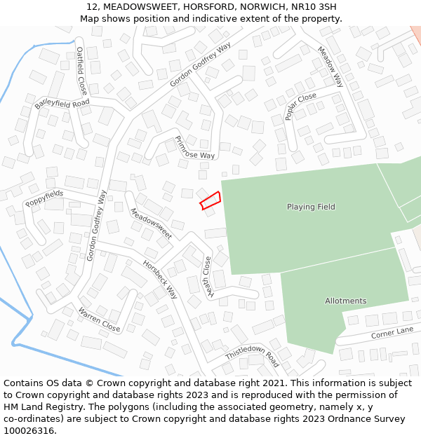 12, MEADOWSWEET, HORSFORD, NORWICH, NR10 3SH: Location map and indicative extent of plot