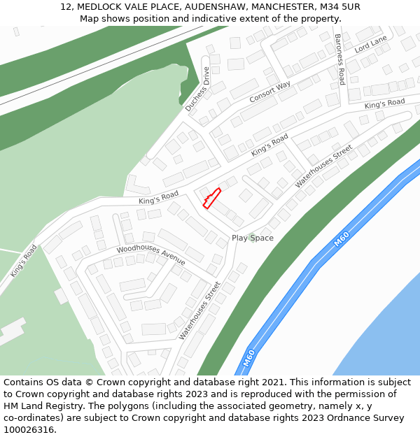 12, MEDLOCK VALE PLACE, AUDENSHAW, MANCHESTER, M34 5UR: Location map and indicative extent of plot