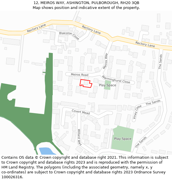 12, MEIROS WAY, ASHINGTON, PULBOROUGH, RH20 3QB: Location map and indicative extent of plot