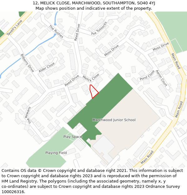 12, MELICK CLOSE, MARCHWOOD, SOUTHAMPTON, SO40 4YJ: Location map and indicative extent of plot