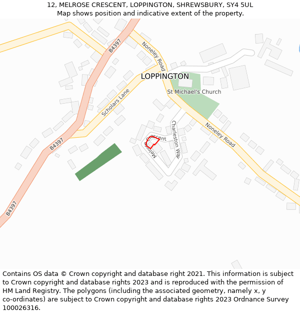 12, MELROSE CRESCENT, LOPPINGTON, SHREWSBURY, SY4 5UL: Location map and indicative extent of plot