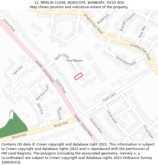 12, MERLIN CLOSE, BODICOTE, BANBURY, OX15 4GG: Location map and indicative extent of plot