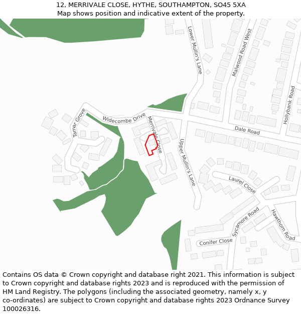 12, MERRIVALE CLOSE, HYTHE, SOUTHAMPTON, SO45 5XA: Location map and indicative extent of plot