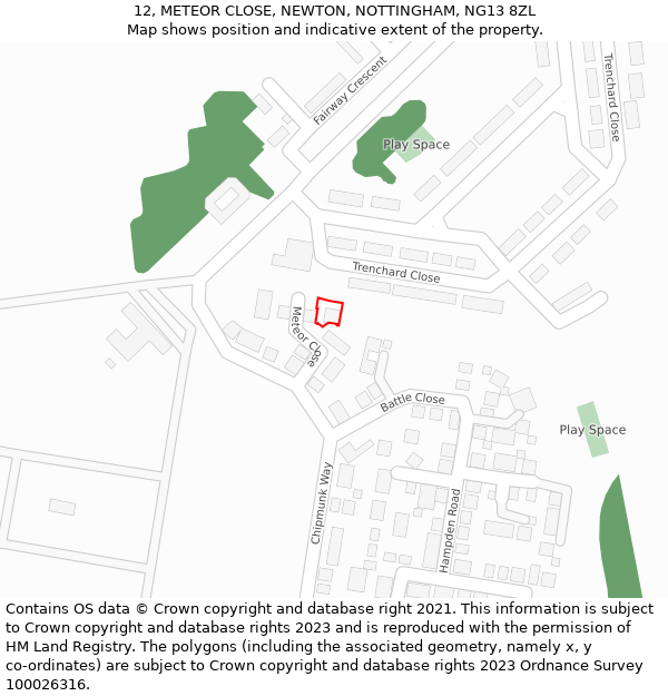 12, METEOR CLOSE, NEWTON, NOTTINGHAM, NG13 8ZL: Location map and indicative extent of plot