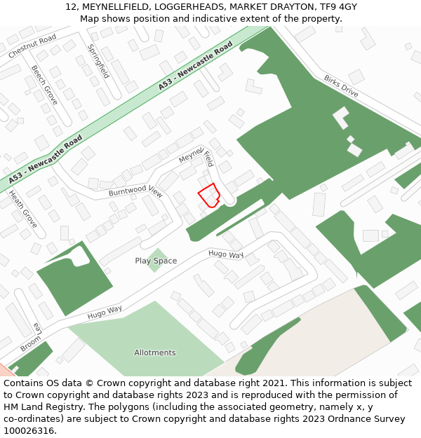 12, MEYNELLFIELD, LOGGERHEADS, MARKET DRAYTON, TF9 4GY: Location map and indicative extent of plot