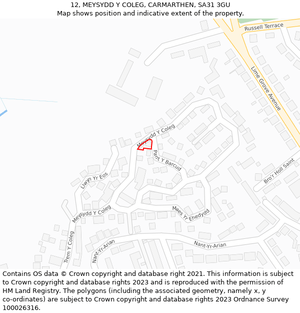 12, MEYSYDD Y COLEG, CARMARTHEN, SA31 3GU: Location map and indicative extent of plot