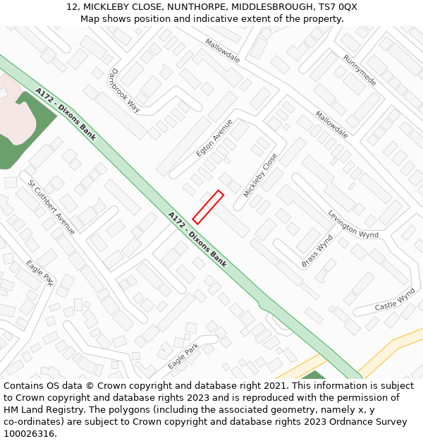 12, MICKLEBY CLOSE, NUNTHORPE, MIDDLESBROUGH, TS7 0QX: Location map and indicative extent of plot