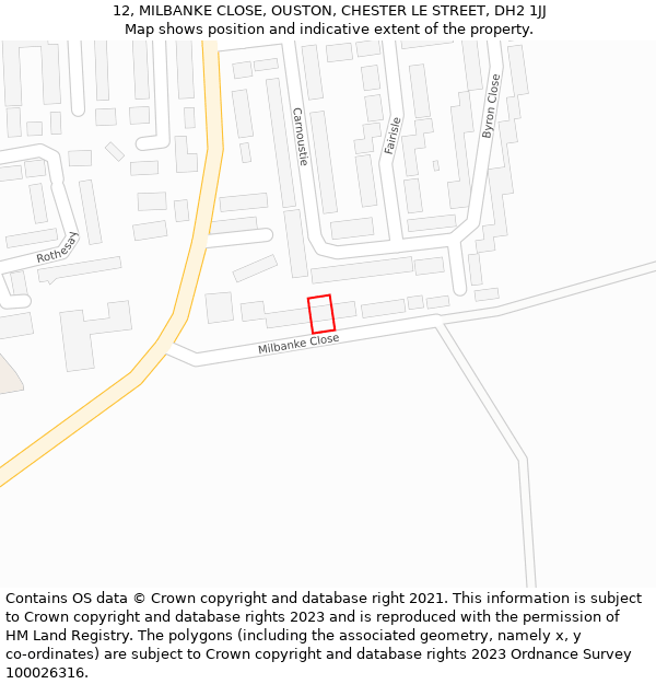 12, MILBANKE CLOSE, OUSTON, CHESTER LE STREET, DH2 1JJ: Location map and indicative extent of plot