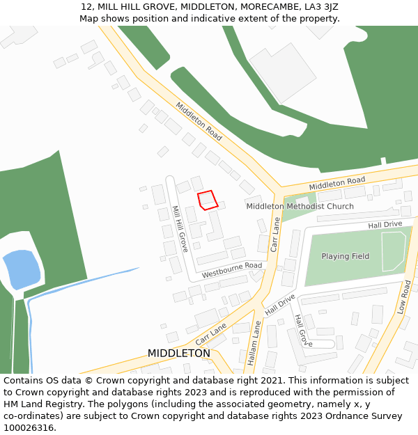 12, MILL HILL GROVE, MIDDLETON, MORECAMBE, LA3 3JZ: Location map and indicative extent of plot