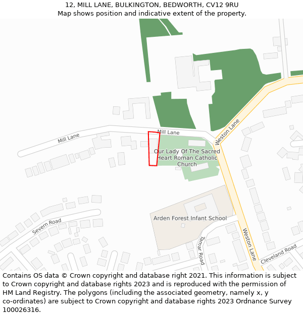 12, MILL LANE, BULKINGTON, BEDWORTH, CV12 9RU: Location map and indicative extent of plot