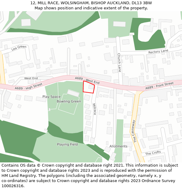 12, MILL RACE, WOLSINGHAM, BISHOP AUCKLAND, DL13 3BW: Location map and indicative extent of plot