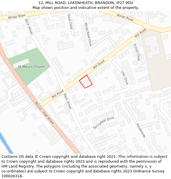 12, MILL ROAD, LAKENHEATH, BRANDON, IP27 9DU: Location map and indicative extent of plot