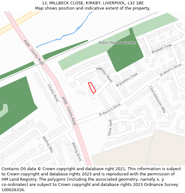 12, MILLBECK CLOSE, KIRKBY, LIVERPOOL, L32 1BE: Location map and indicative extent of plot