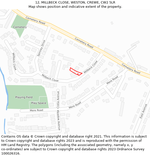 12, MILLBECK CLOSE, WESTON, CREWE, CW2 5LR: Location map and indicative extent of plot