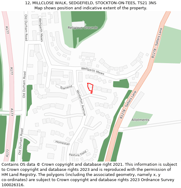 12, MILLCLOSE WALK, SEDGEFIELD, STOCKTON-ON-TEES, TS21 3NS: Location map and indicative extent of plot