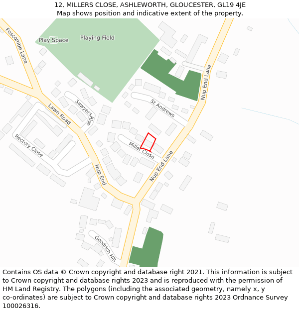 12, MILLERS CLOSE, ASHLEWORTH, GLOUCESTER, GL19 4JE: Location map and indicative extent of plot