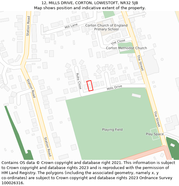 12, MILLS DRIVE, CORTON, LOWESTOFT, NR32 5JB: Location map and indicative extent of plot