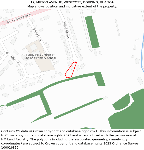 12, MILTON AVENUE, WESTCOTT, DORKING, RH4 3QA: Location map and indicative extent of plot