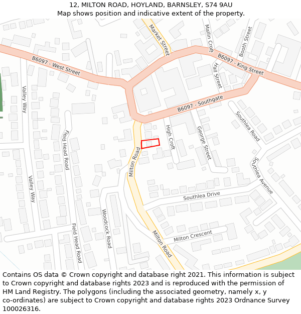 12, MILTON ROAD, HOYLAND, BARNSLEY, S74 9AU: Location map and indicative extent of plot