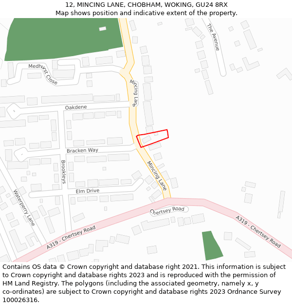 12, MINCING LANE, CHOBHAM, WOKING, GU24 8RX: Location map and indicative extent of plot