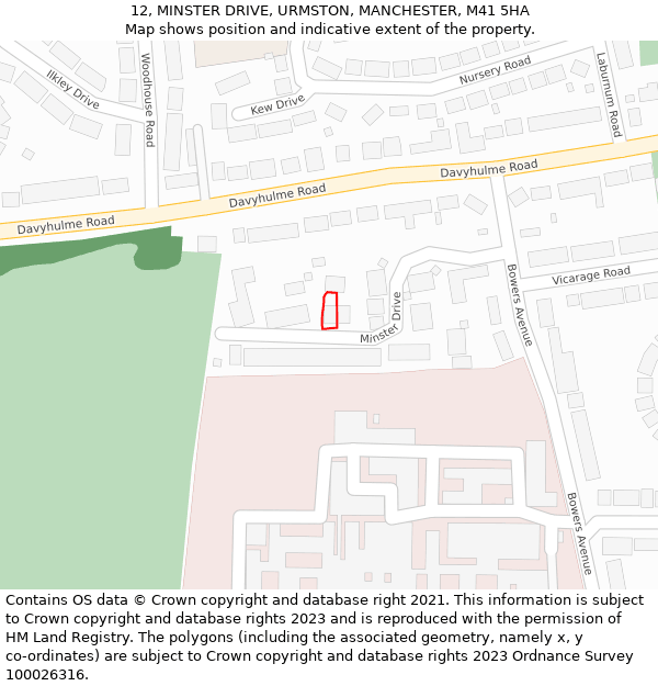 12, MINSTER DRIVE, URMSTON, MANCHESTER, M41 5HA: Location map and indicative extent of plot