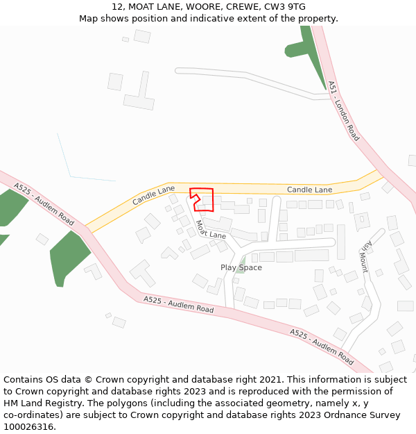 12, MOAT LANE, WOORE, CREWE, CW3 9TG: Location map and indicative extent of plot