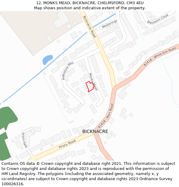 12, MONKS MEAD, BICKNACRE, CHELMSFORD, CM3 4EU: Location map and indicative extent of plot