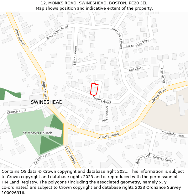 12, MONKS ROAD, SWINESHEAD, BOSTON, PE20 3EL: Location map and indicative extent of plot