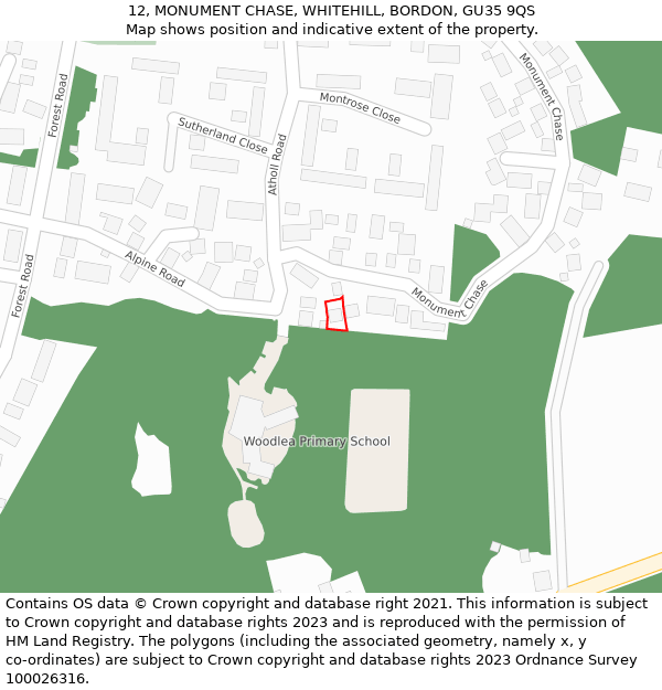 12, MONUMENT CHASE, WHITEHILL, BORDON, GU35 9QS: Location map and indicative extent of plot