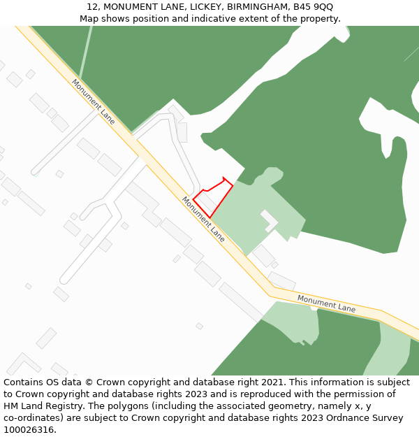 12, MONUMENT LANE, LICKEY, BIRMINGHAM, B45 9QQ: Location map and indicative extent of plot