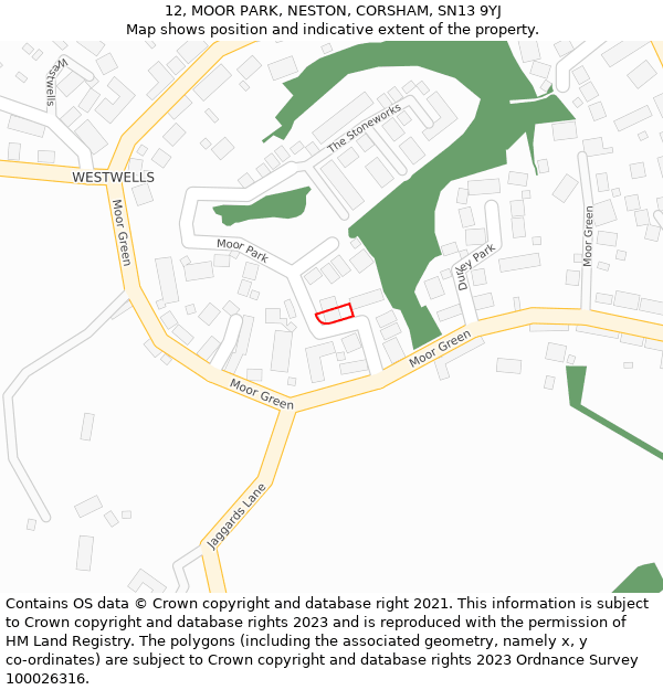 12, MOOR PARK, NESTON, CORSHAM, SN13 9YJ: Location map and indicative extent of plot