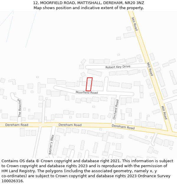 12, MOORFIELD ROAD, MATTISHALL, DEREHAM, NR20 3NZ: Location map and indicative extent of plot