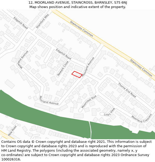 12, MOORLAND AVENUE, STAINCROSS, BARNSLEY, S75 6NJ: Location map and indicative extent of plot