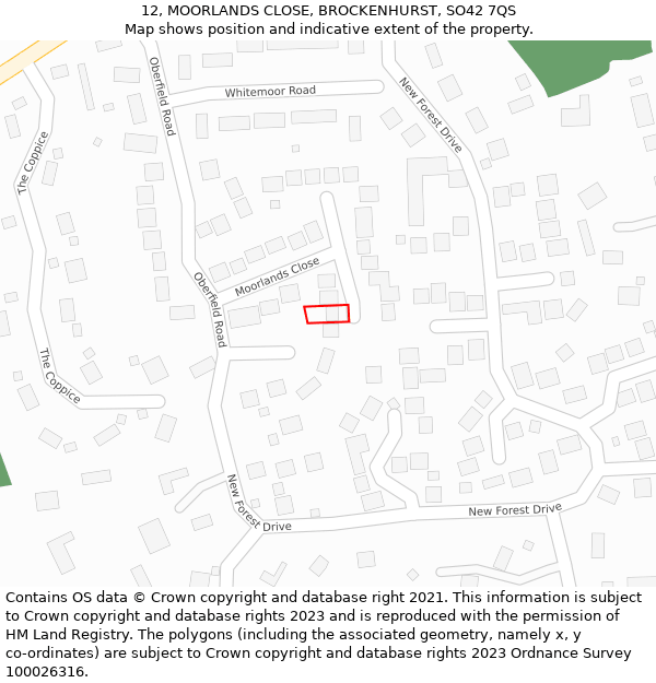 12, MOORLANDS CLOSE, BROCKENHURST, SO42 7QS: Location map and indicative extent of plot