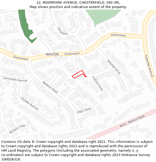 12, MOORPARK AVENUE, CHESTERFIELD, S40 3RL: Location map and indicative extent of plot