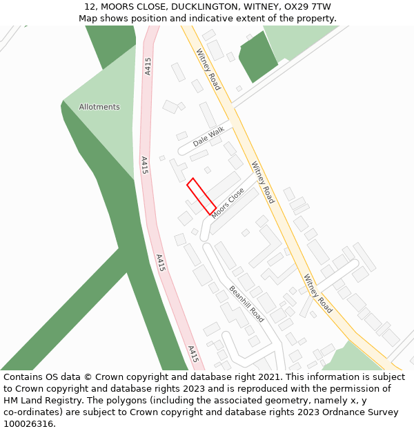 12, MOORS CLOSE, DUCKLINGTON, WITNEY, OX29 7TW: Location map and indicative extent of plot