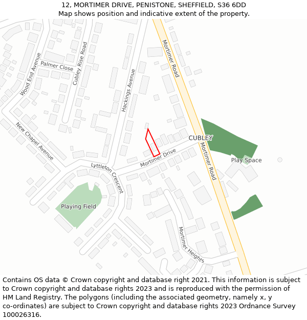 12, MORTIMER DRIVE, PENISTONE, SHEFFIELD, S36 6DD: Location map and indicative extent of plot