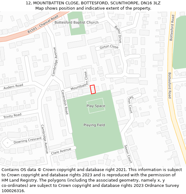 12, MOUNTBATTEN CLOSE, BOTTESFORD, SCUNTHORPE, DN16 3LZ: Location map and indicative extent of plot