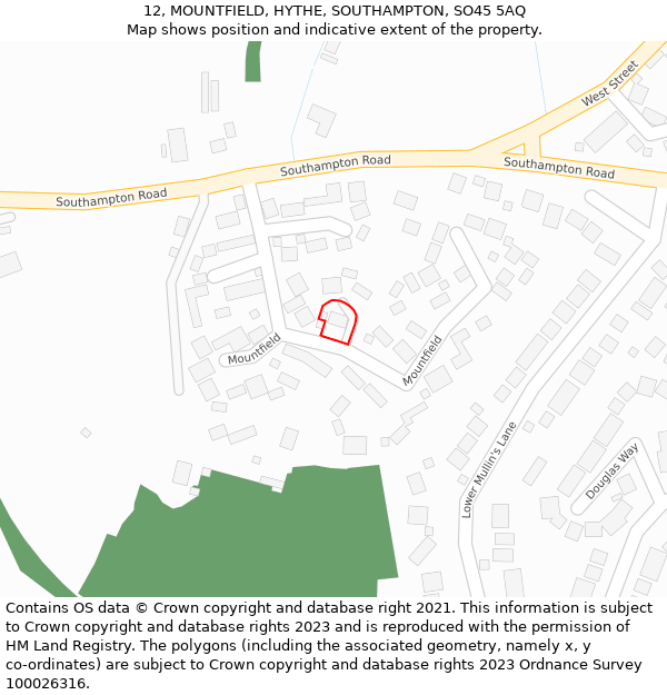 12, MOUNTFIELD, HYTHE, SOUTHAMPTON, SO45 5AQ: Location map and indicative extent of plot