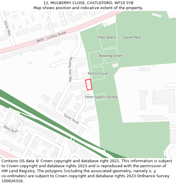 12, MULBERRY CLOSE, CASTLEFORD, WF10 5YB: Location map and indicative extent of plot